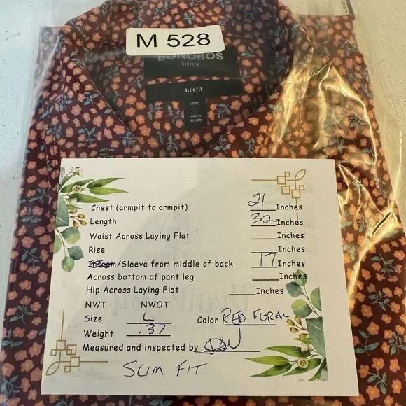 Bonobos Men Shirt Large Red Floral Stretch Slim Fit Short Sleeve Button-Up M528 - Picture 8 of 13